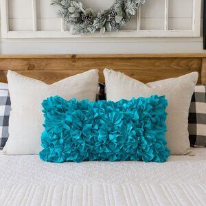 Decorative Bed Pillow Teal Ruffles Floral Long Cozy Farmhouse Boho Guest Room